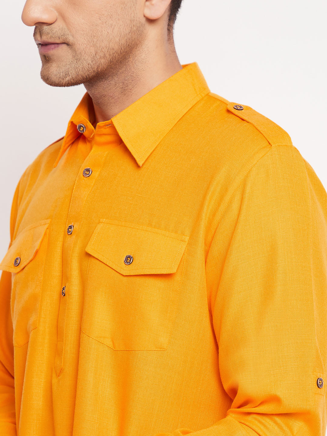 VM by Vastramay Men's Mustard Cotton Blend Pathani Kurta Set - Grab2buy