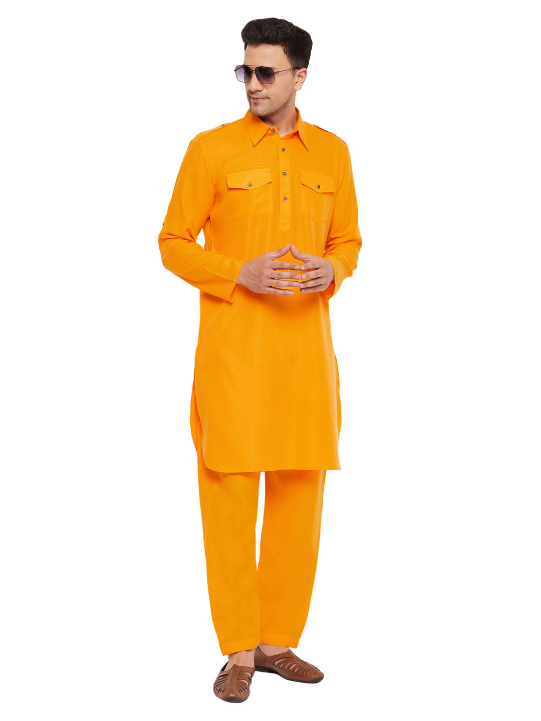 VM by Vastramay Men's Mustard Cotton Blend Pathani Kurta Set - Grab2buy