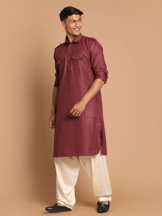 VM by Vastramay Men's Purple And Cream Cotton Blend Pathani Kurta Set | Grab2Buy