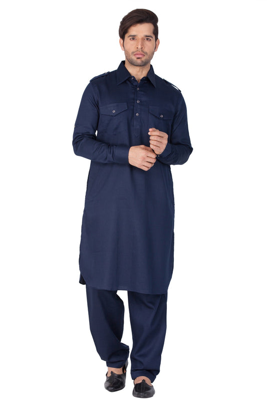 Vastramay Men's Blue Cotton Blend Pathani Kurta Set - Grab2buy