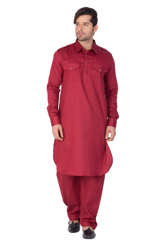 Vastramay Men's Maroon Cotton Blend Pathani Kurta Set - Grab2buy
