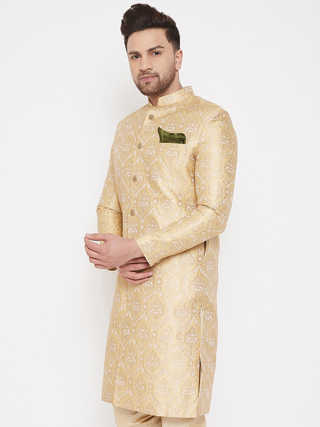 Vastramay Men's Gold Silk Blend Sherwani Only Top - Grab2buy