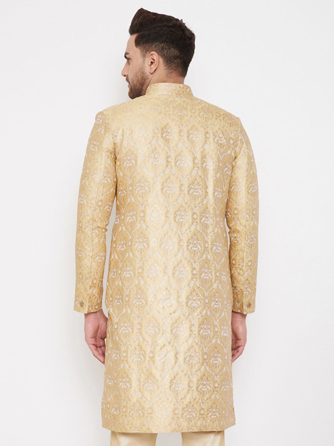 Vastramay Men's Gold Silk Blend Sherwani Only Top - Grab2buy