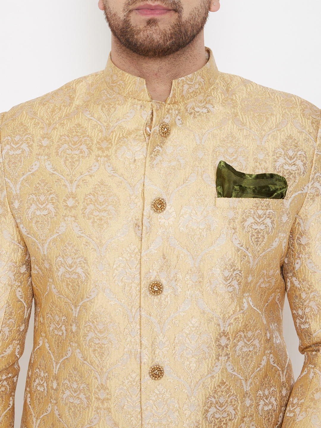 Vastramay Men's Gold Silk Blend Sherwani Only Top - Grab2buy