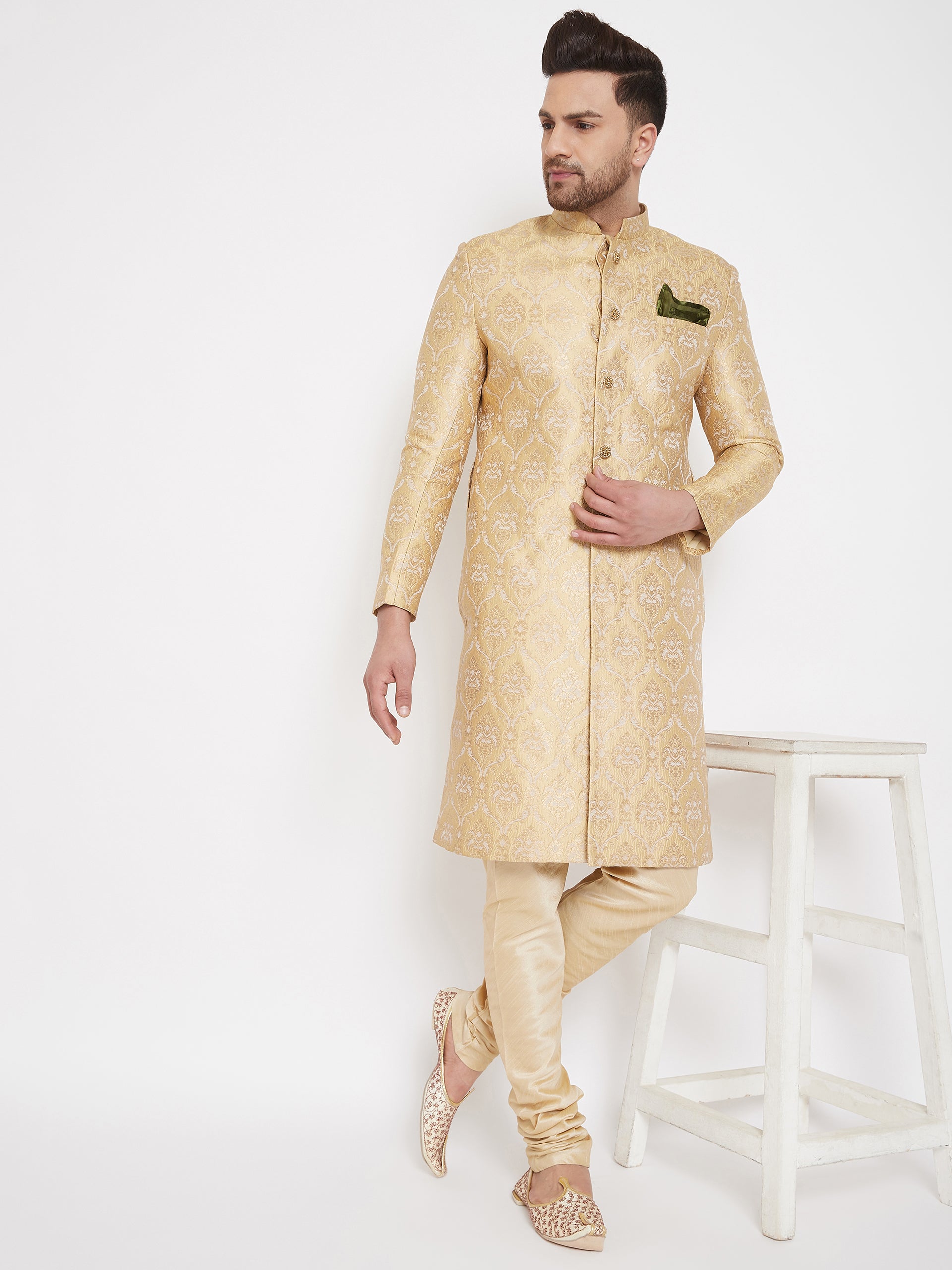 Vastramay Men's Gold Silk Blend Sherwani Only Top - Grab2buy