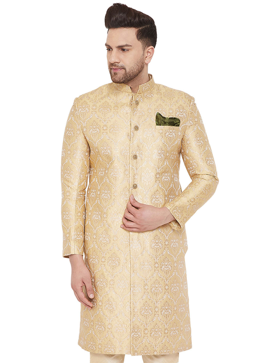 Vastramay Men's Gold Silk Blend Sherwani Only Top - Grab2buy