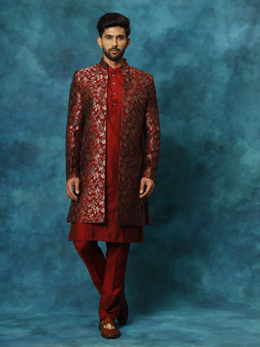 Vastramay Men's Red Viscose Sherwani Set - Grab2buy