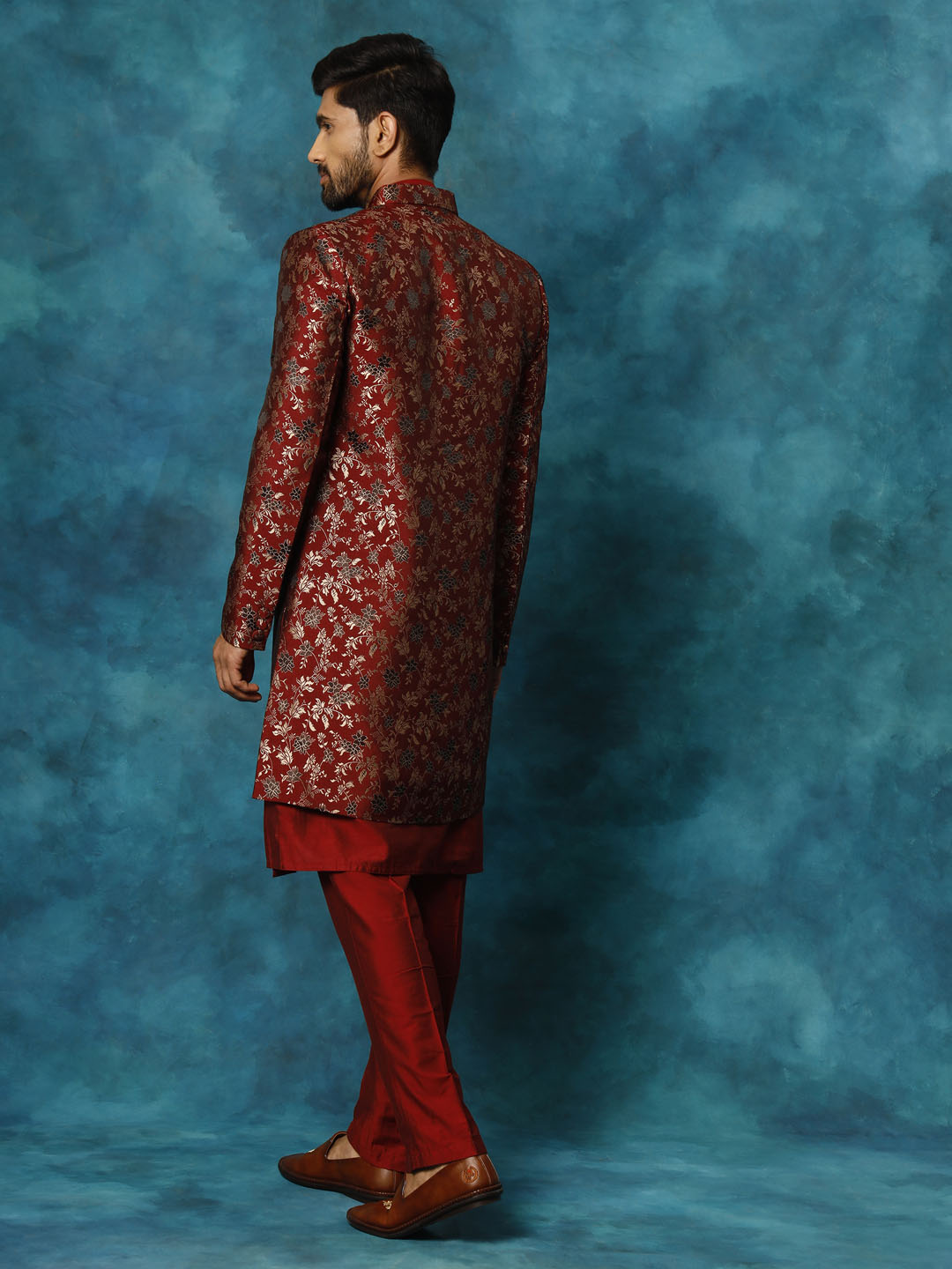 Vastramay Men's Red Viscose Sherwani Set - Grab2buy
