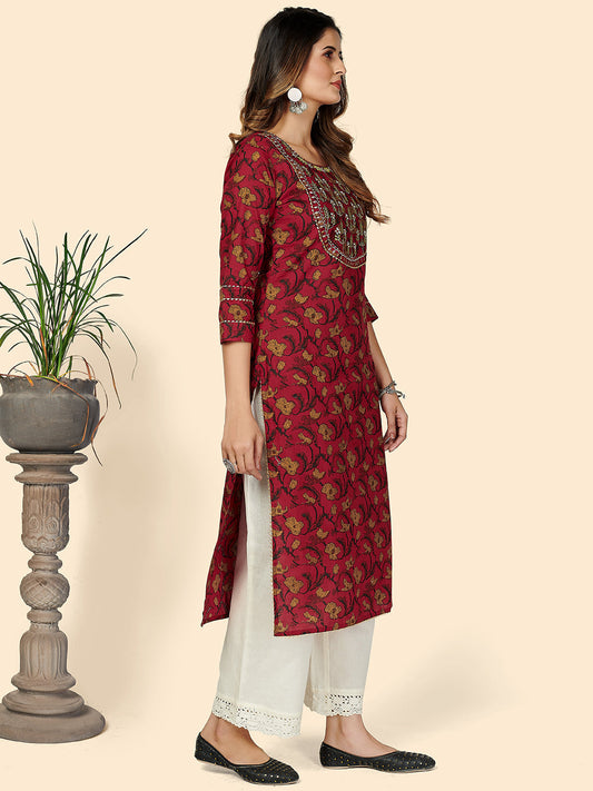 NOZ2TOZ Women's Printed & Embroidered Straight Cotton Red Stitched Kurta