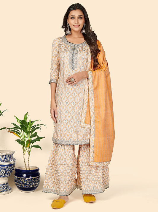 NOZ2TOZ Women's Print & Gota Patti Straight Muslin Yellow Stitched Kurta Sharara With Dupatta