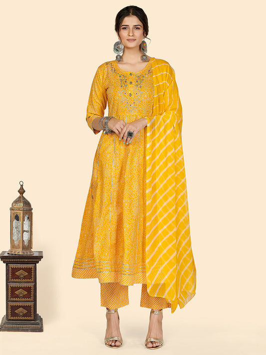 NOZ2TOZ Women's Bandhani & Embroidered Anarkali Cotton Yellow Stitched Kurta Pant With Dupatta