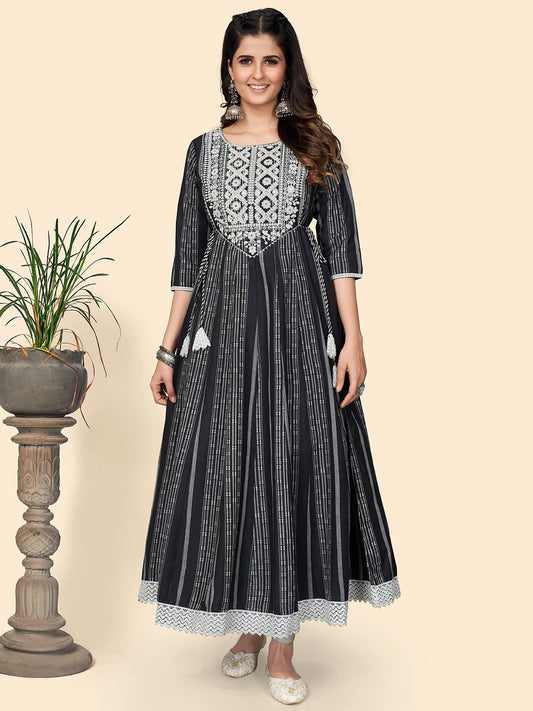 NOZ2TOZ Women's Print & Embroidered Anarkali Cotton Black Stitched Kurta