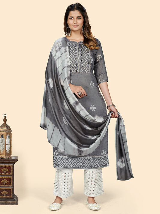 NOZ2TOZ Women Grey Chanderi Kurta With Dupatta (2pcs Set) - Grab2buy