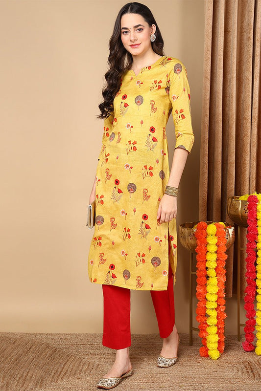 Ahika Mustard Yellow & Red Floral Print Straight Kurta