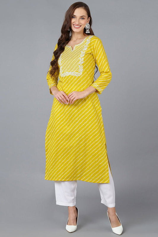Ahika Yellow Cotton Bandhani Embroidered Straight Kurta | Grab2Buy