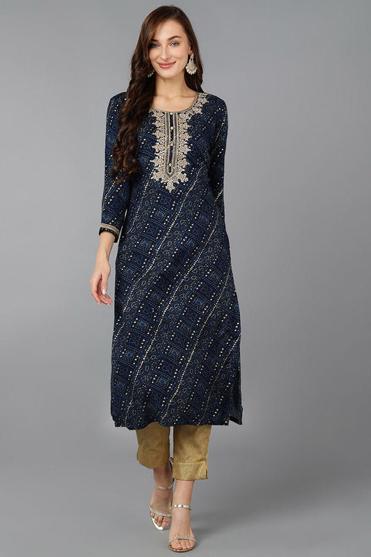 Ahika Navy Blue Viscose Rayon Bandhani Embroidered Straight Kurta