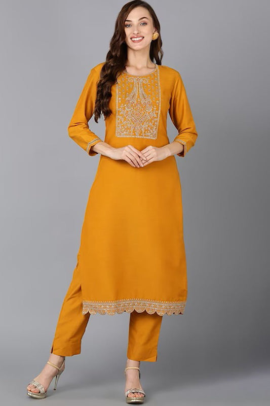 Ahika Mustard Silk Blend Solid Straight Kurta