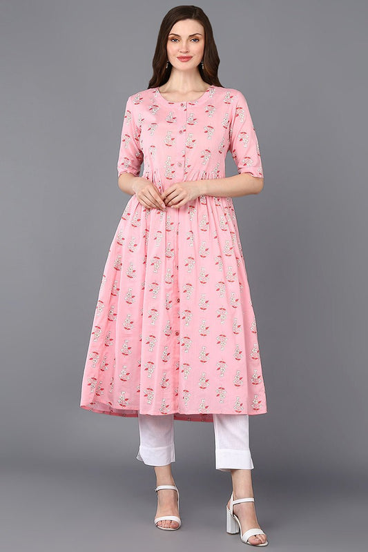 Ahika Cotton Pink Printed Flared Kurta