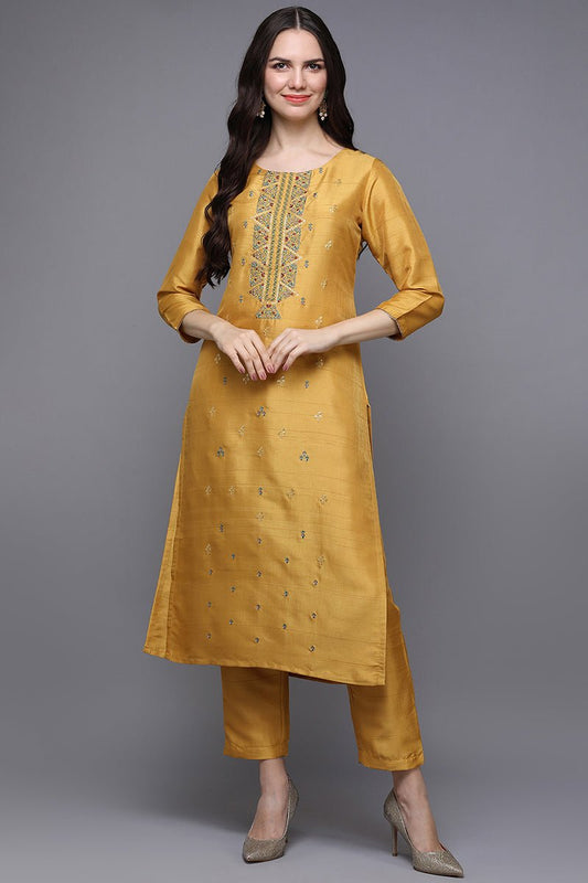 Ahika Yellow Silk Blend Ethnic Motifs Straight Kurta