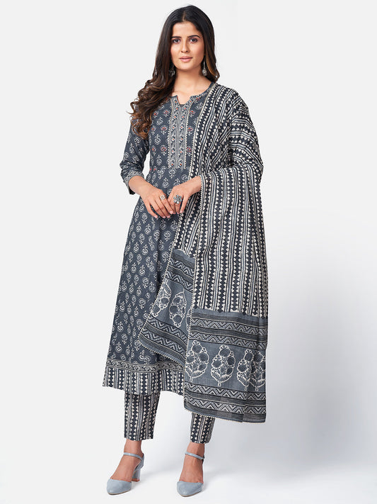 NOZ2TOZ Women Dark Grey Anarkali Cotton Kurta with Pant & Dupatta (3pcs Set)