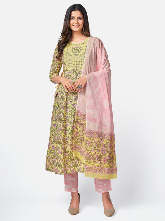 NOZ2TOZ Women Yellow Anarkali Cotton Kurta With Pant & Dupatta (3pcs Set)