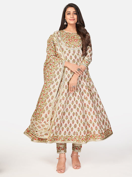NOZ2TOZ Women Beige Anarkali Cotton Kurta with Pant & Dupatta (3pcs Set)