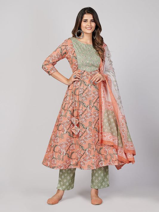 NOZ2TOZ Women's Peach Anarkali Kurta & Pant With Dupatta- (3pcs set)