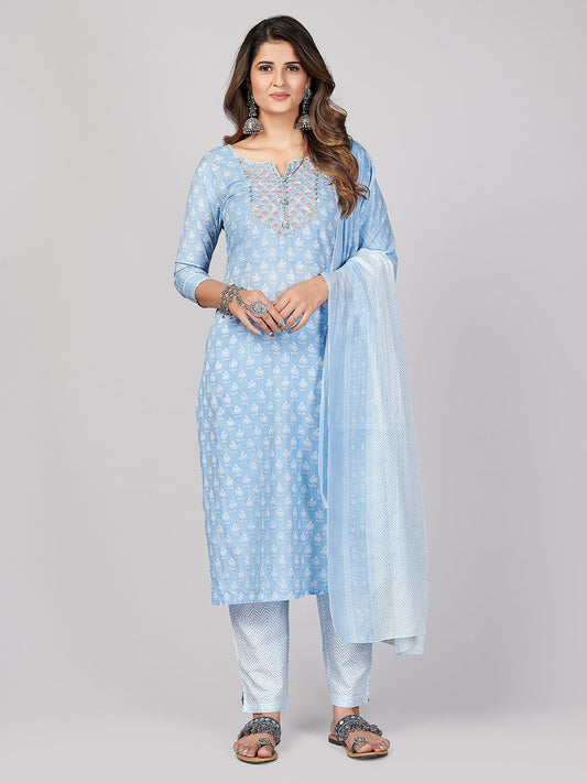 NOZ2TOZ Women's Sky Blue Kurta-Pant With Dupatta set- (3pcs set)