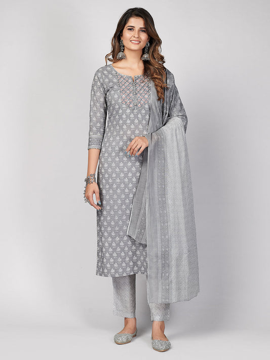 NOZ2TOZ Women's Printed & Embroidered Straight Cotton Grey Stitched Kurta Pant With Dupatta