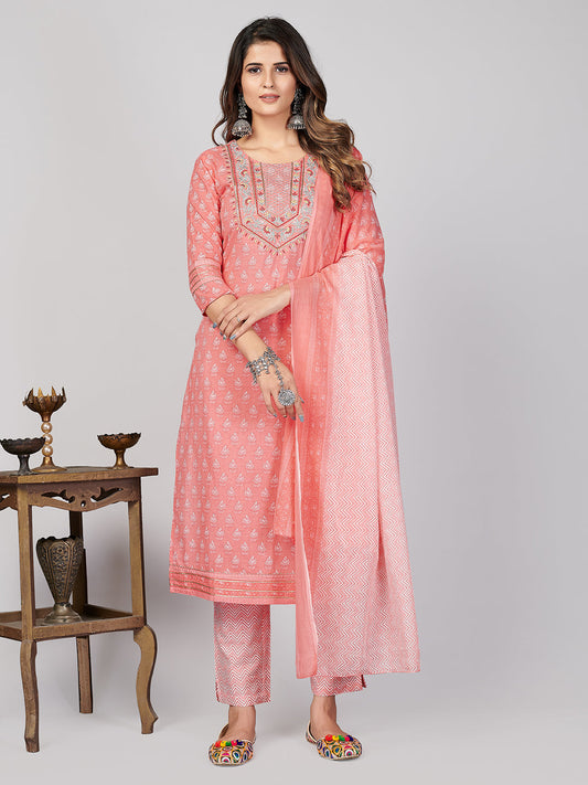 NOZ2TOZ Women's Printed & Embroidered Straight Cotton Pink Stitched Kurta Pant With Dupatta