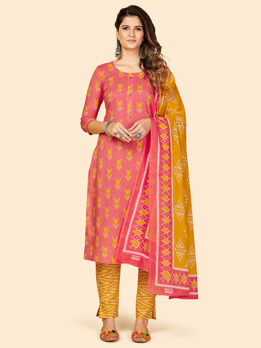 NOZ2TOZ Women's Printed & Hand Work Straight Cotton Coral Stitched Kurta Pant With Dupatta
