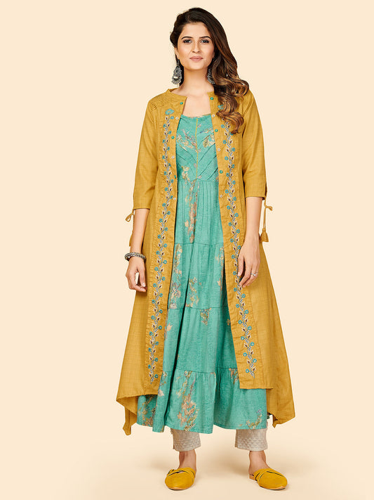 NOZ2TOZ Women Mustard Yellow Anarkali Kurta With Shrug (2pcs Set)
