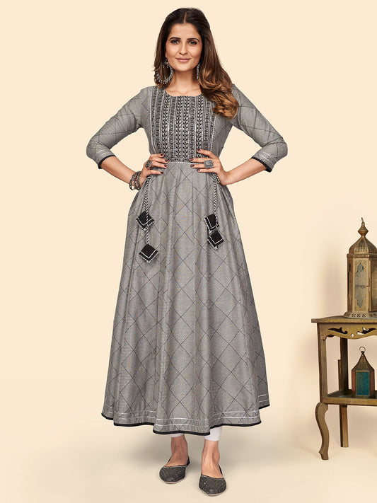 NOZ2TOZ Women's Embroidered Anarkali Cotton Bland Grey Stitched Kurta