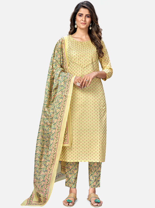 NOZ2TOZ Women's Foil Print & Gota Patti Work Straight Cotton Yellow Kurta Pant With Dupatta
