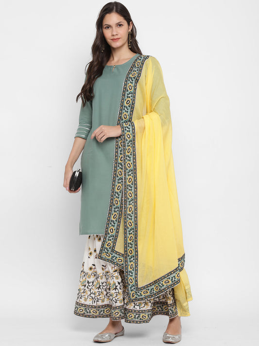 NOZ2TOZ Women's Solid, Sequence & Gotta Patti Straight Cotton Olive Green Kurta Sharara With Dupatta
