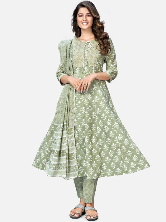 NOZ2TOZ Women Pista Green Anarkali Cotton Kurta With Pant & Dupatta (3pcs Set)
