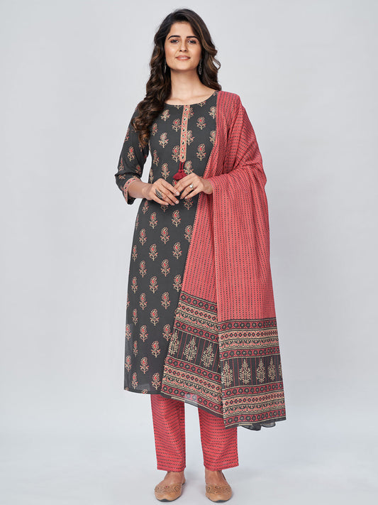 NOZ2TOZ Women's Printed & Embroidered Straight Cotton Grey Kurta Pant With Dupatta