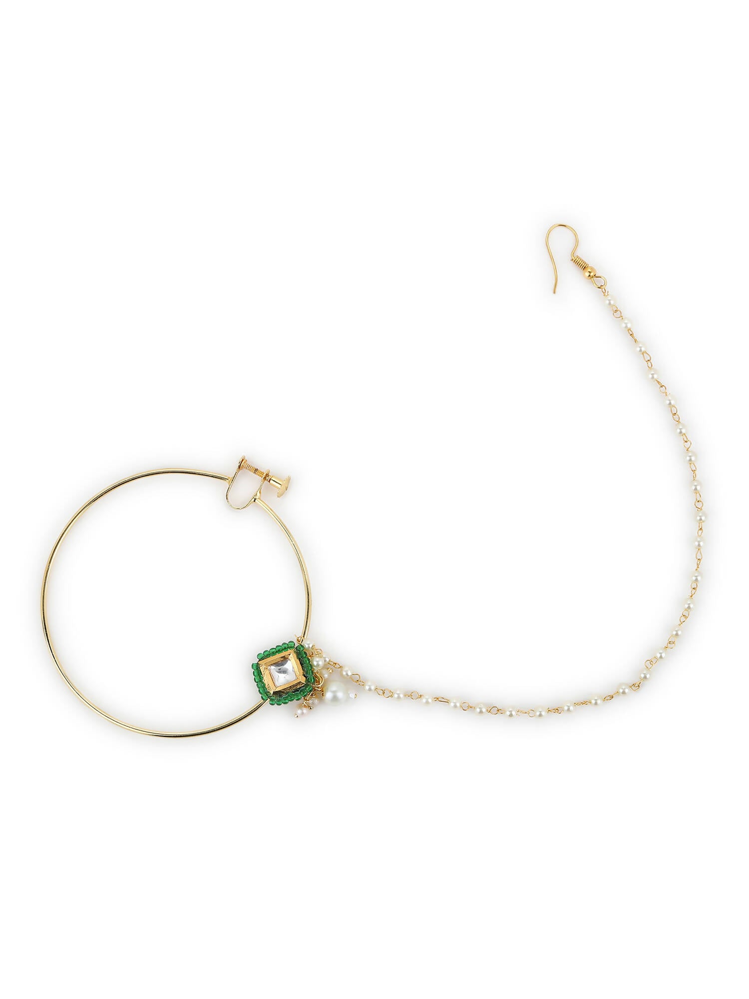 Gold-Plated Green White Kundan Studded Beaded Chained Nosepin - Ruby Raang - Grab2buy