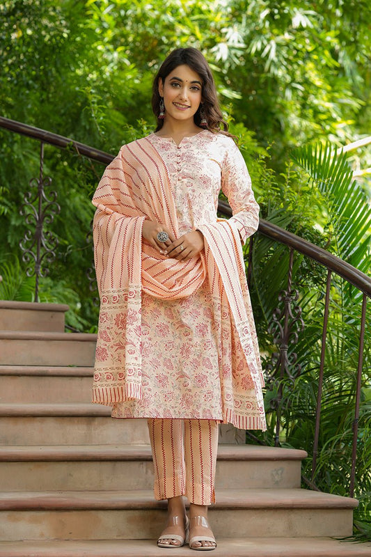 Ahika Orange Cotton Straight Suit Set