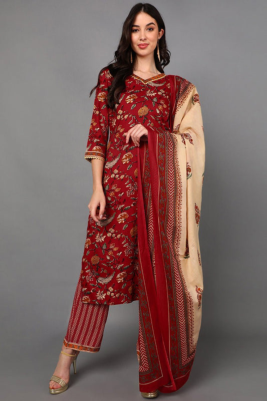Ahika Red Cotton Floral Printed Kurta Pant Dupatta Set