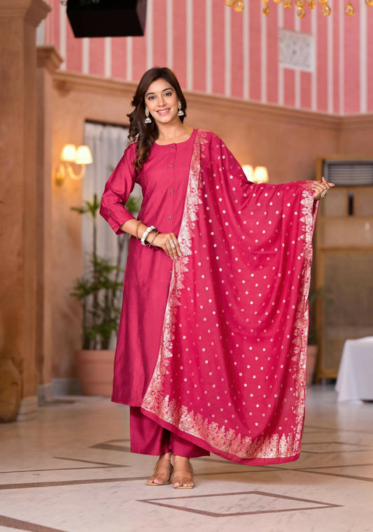 Juniper Women's Fuchsia Zari Embroidered Cotton Kurta Set With Button Closure