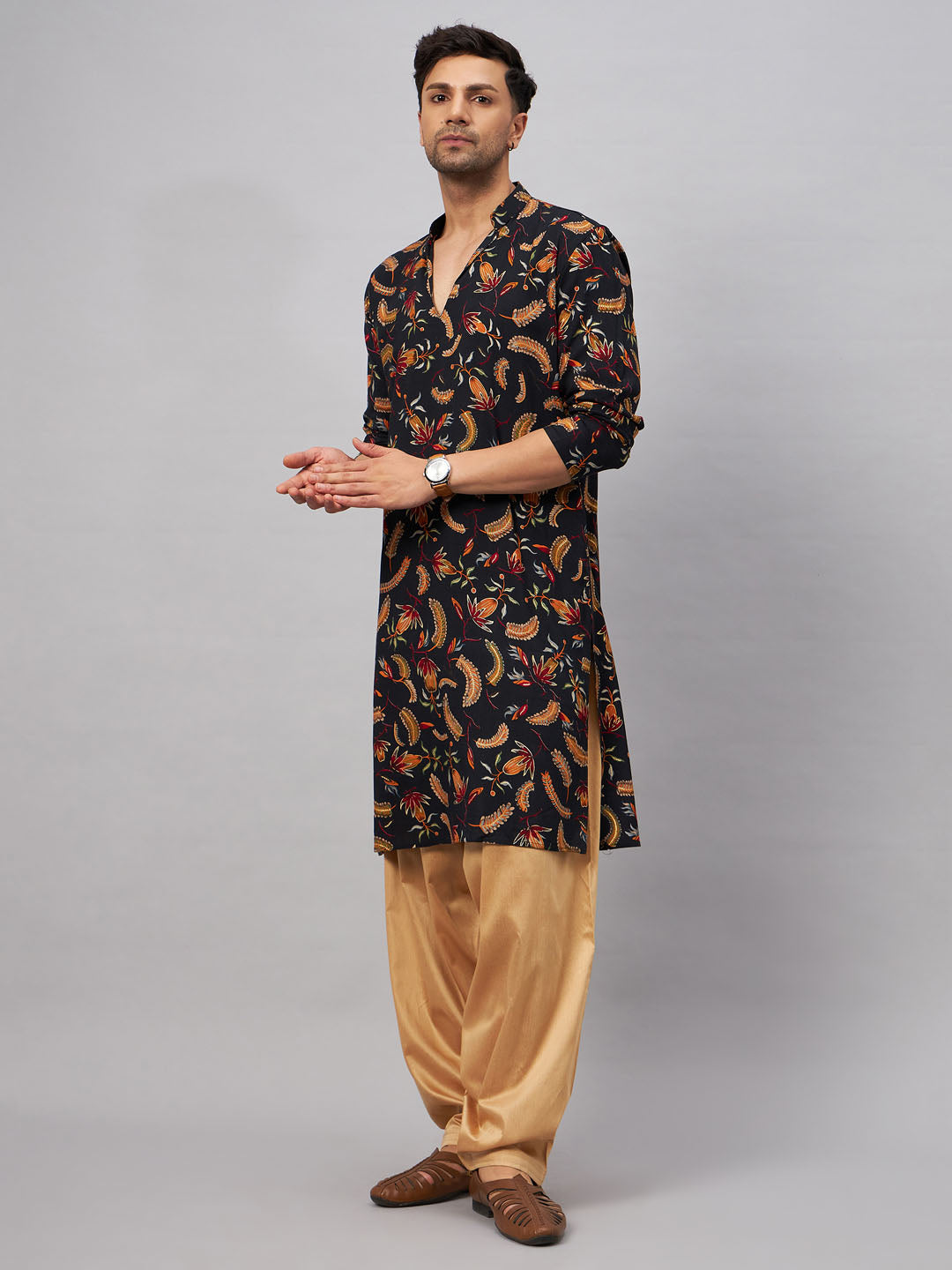 VM by Vastramay Men's Black And Rose Gold Rayon Kurta And Patiala Set - Grab2buy