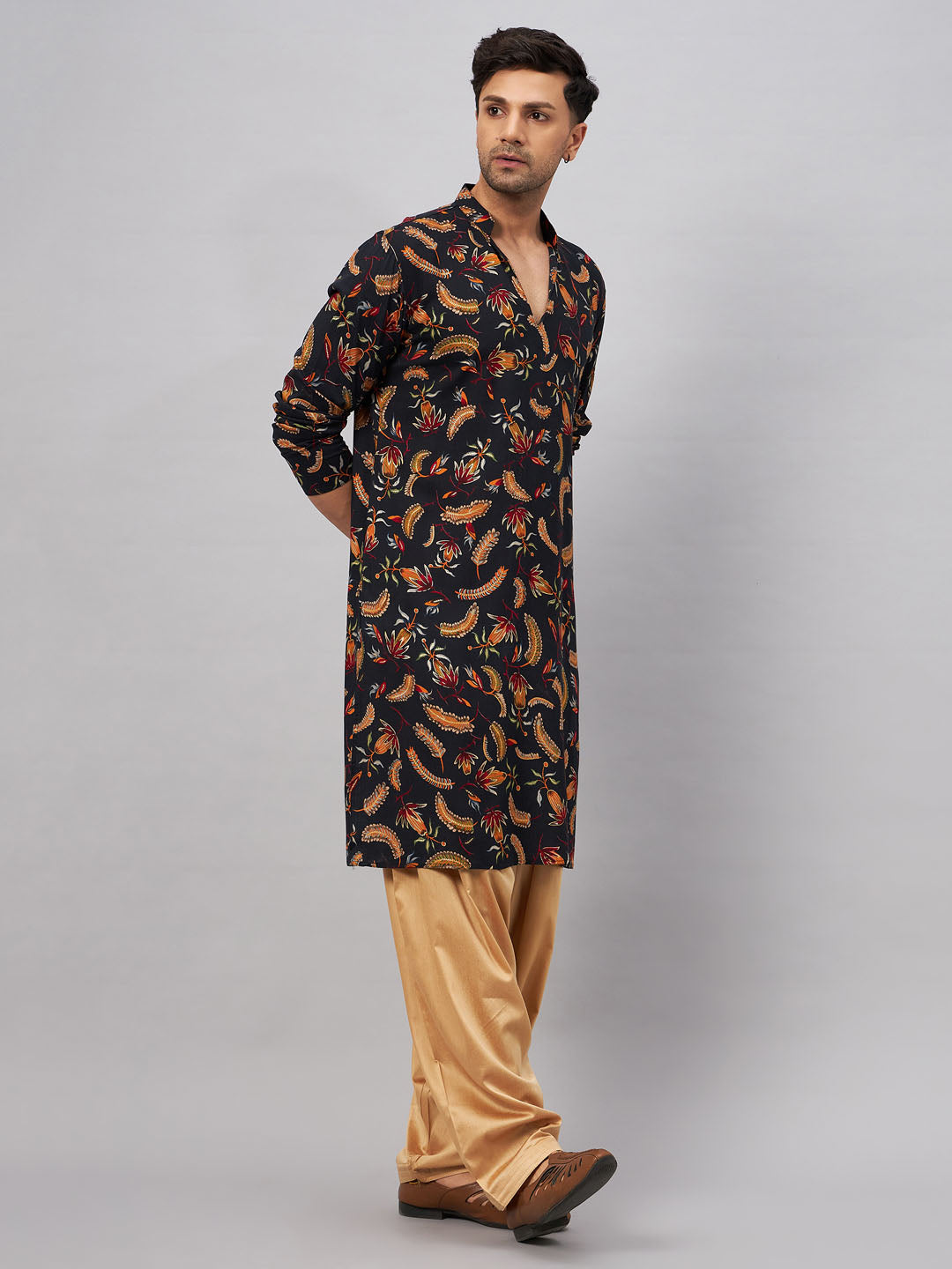 VM by Vastramay Men's Black And Rose Gold Rayon Kurta And Patiala Set - Grab2buy