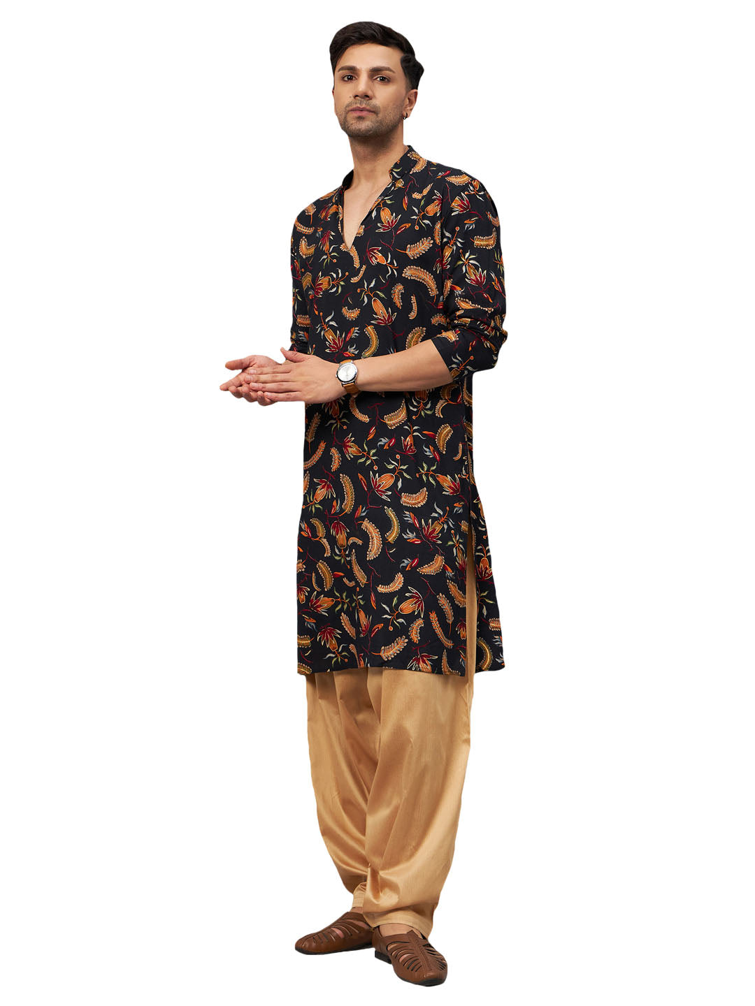 VM by Vastramay Men's Black And Rose Gold Rayon Kurta And Patiala Set - Grab2buy