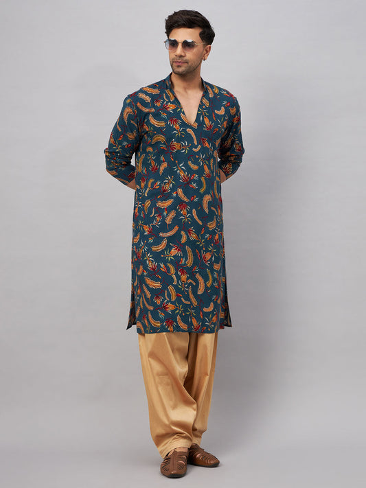 VM by Vastramay Men's Blue And Rose Gold Rayon Kurta And Patiala Set - Grab2buy