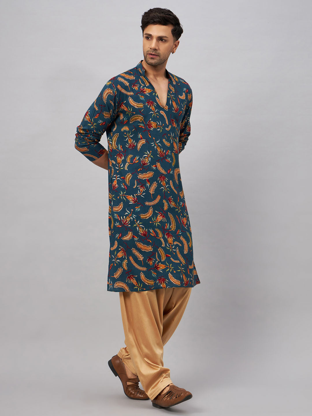 VM by Vastramay Men's Blue And Rose Gold Rayon Kurta And Patiala Set - Grab2buy