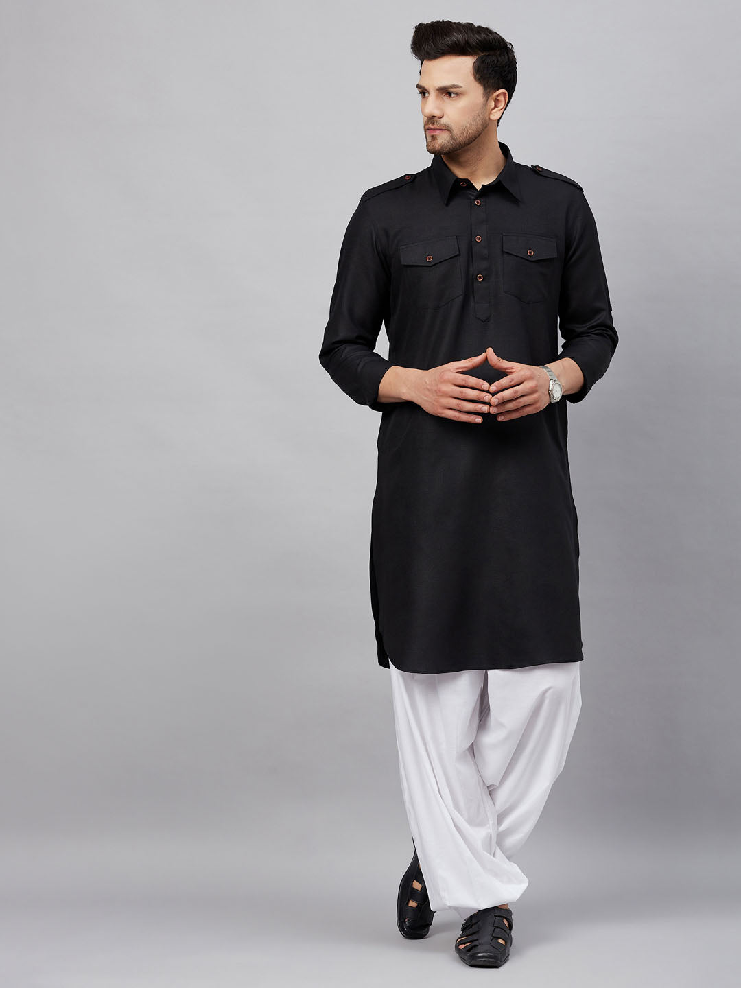VM by Vastramay Men's Black And White Cotton Blend Kurta And Patiala Set - Grab2buy