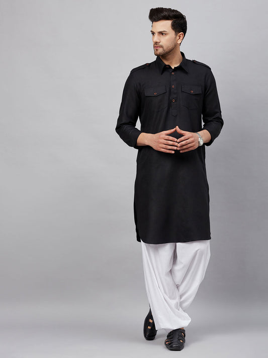 VM by Vastramay Men's Black And White Cotton Blend Kurta And Patiala Set - Grab2buy