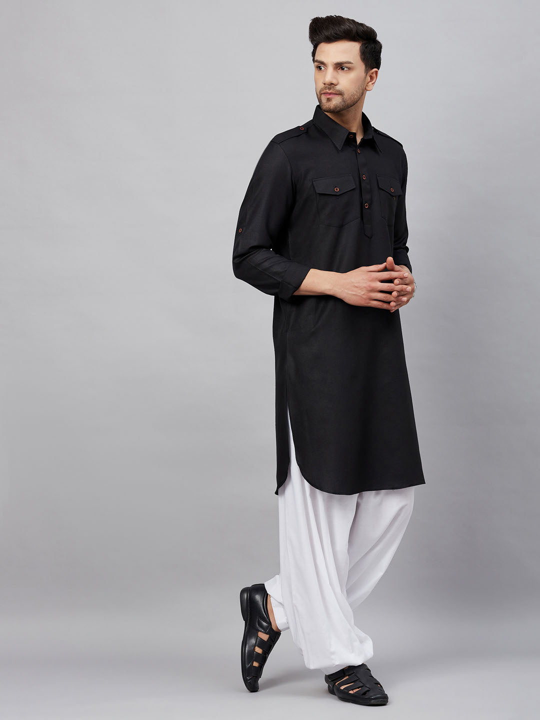 VM by Vastramay Men's Black And White Cotton Blend Kurta And Patiala Set - Grab2buy