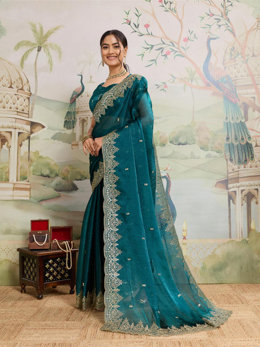 Dwija Fashion Teal Blue Party Wear Embroidered Jimmy Choo Organza Saree With Unstitched Blouse